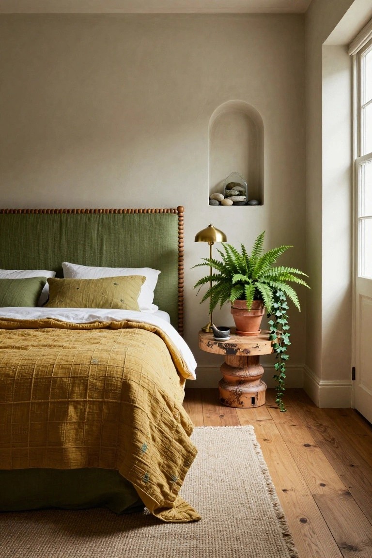 Bedroom corner with green linen-upholstered headboard trimmed in wooden beads, mustard quilt on bed, brass arched lamp, carved wooden side table next to large potted fern with trailing fronds in terracotta pot, arched wall niche holding rocks, beige walls, wooden floor, and window.