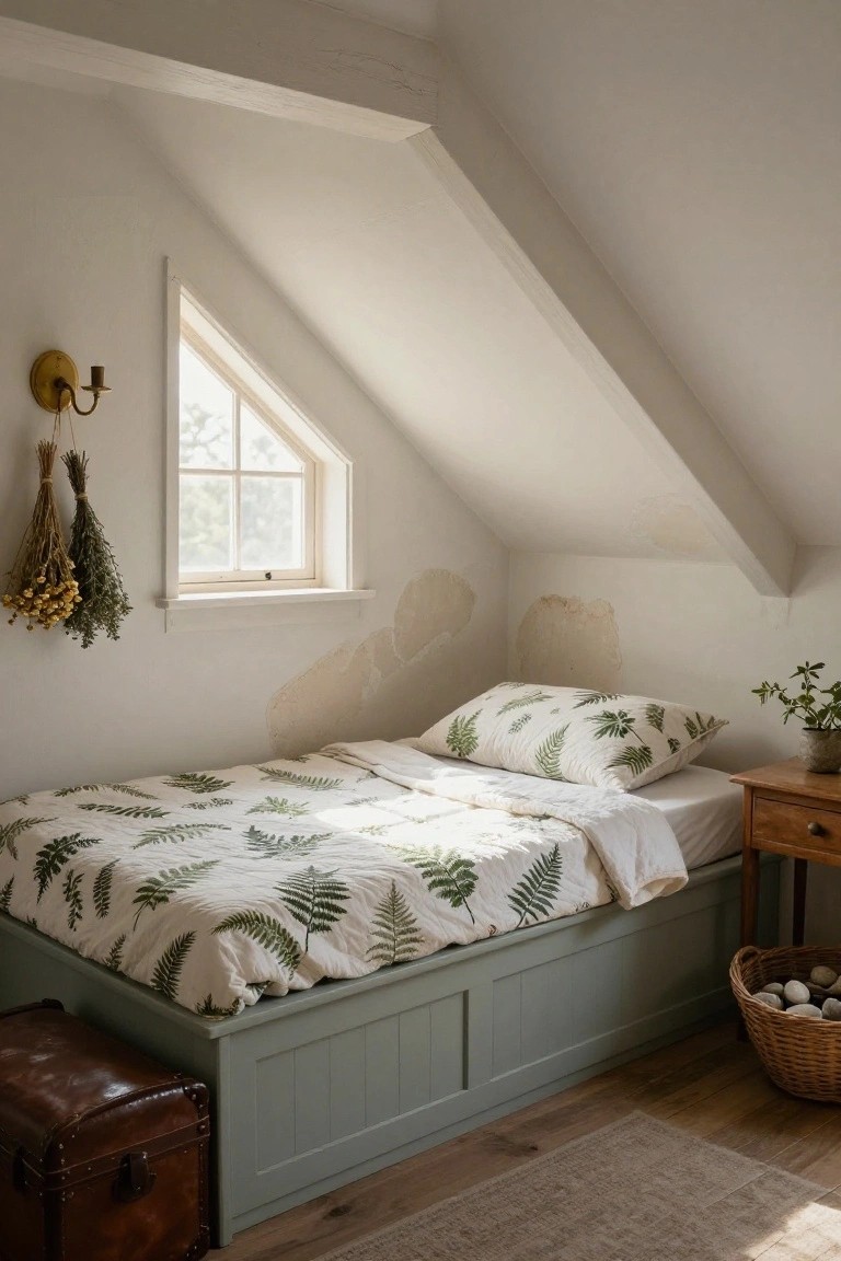 Cozy attic bedroom featuring a sage green built-in platform bed with white fern-patterned quilt and pillows, sloped white ceiling, small triangular window with natural light, hanging dried herbs near brass wall sconce, wooden nightstand with potted plant, leather trunk, and woven basket with stones on wooden floor.