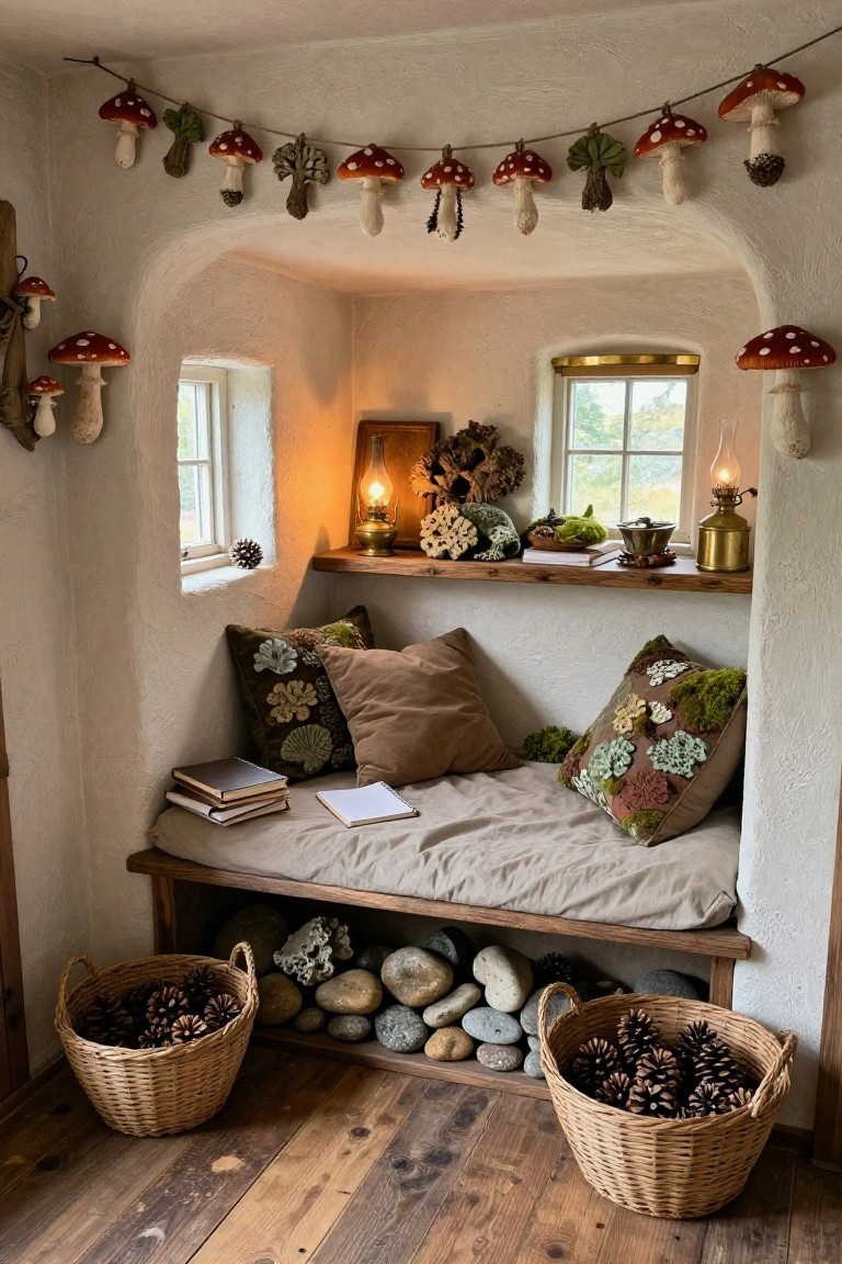 Small curved white interior alcove with wooden built-in bench holding beige cushions, books, and pillows, underhung with baskets of pinecones and rocks, mushroom garlands overhead, shelves with lamps and plants near small windows.