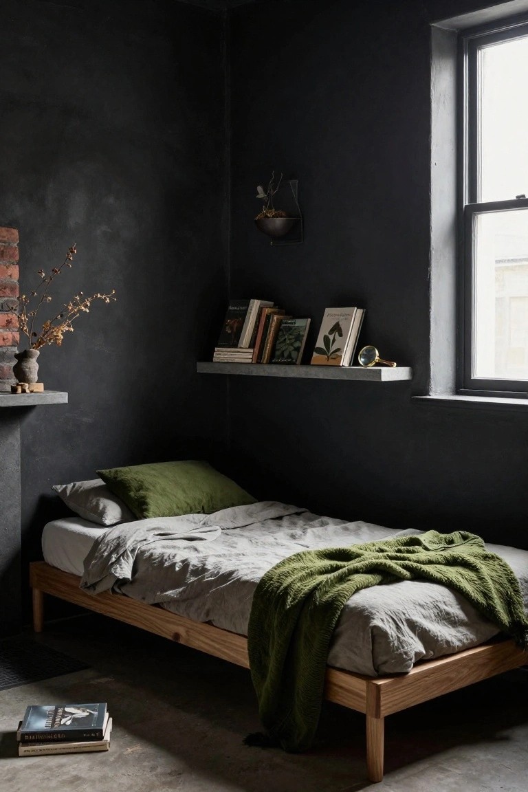Small bedroom interior with dark textured plaster walls, wooden platform bed draped in gray linens and green knit throw, floating concrete shelves holding books and dried plants, brass wall sconce, and large window.
