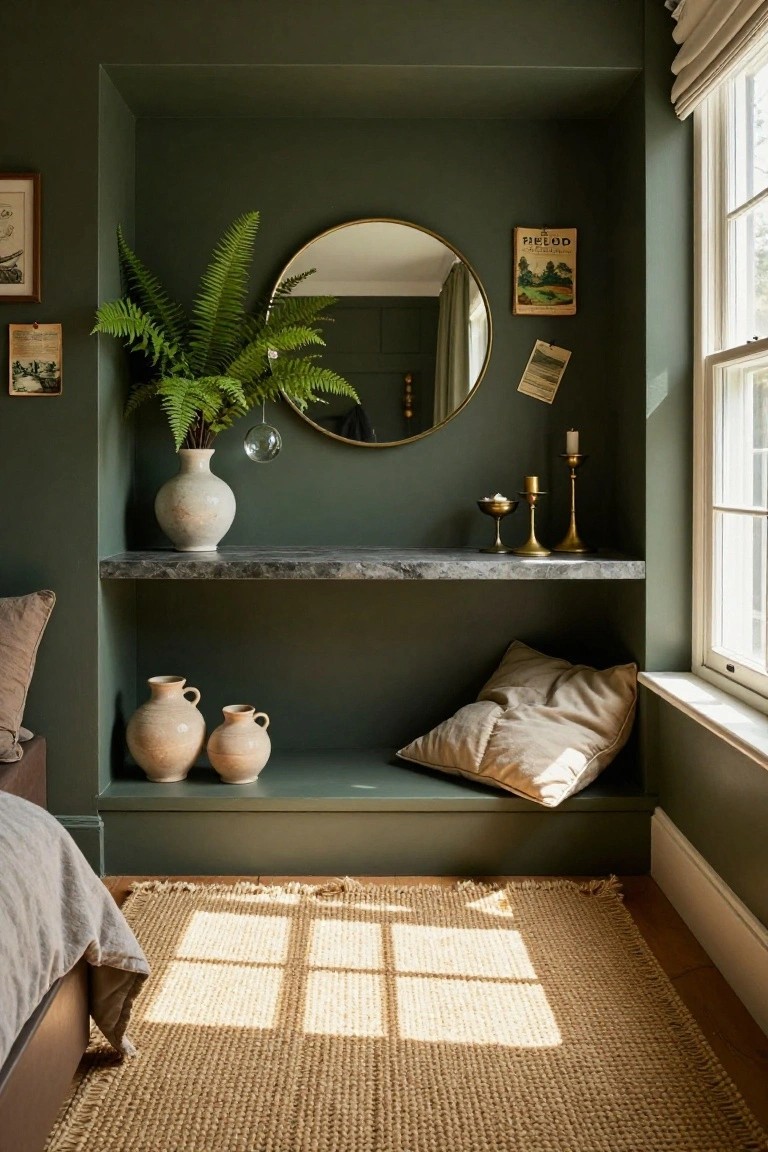 Bedroom corner featuring deep green painted walls and built-in shelving with a large fern in a white vase, round gold mirror, gold candlesticks, small terracotta pots, beige pillows, beside a bed, window, and seagrass rug.