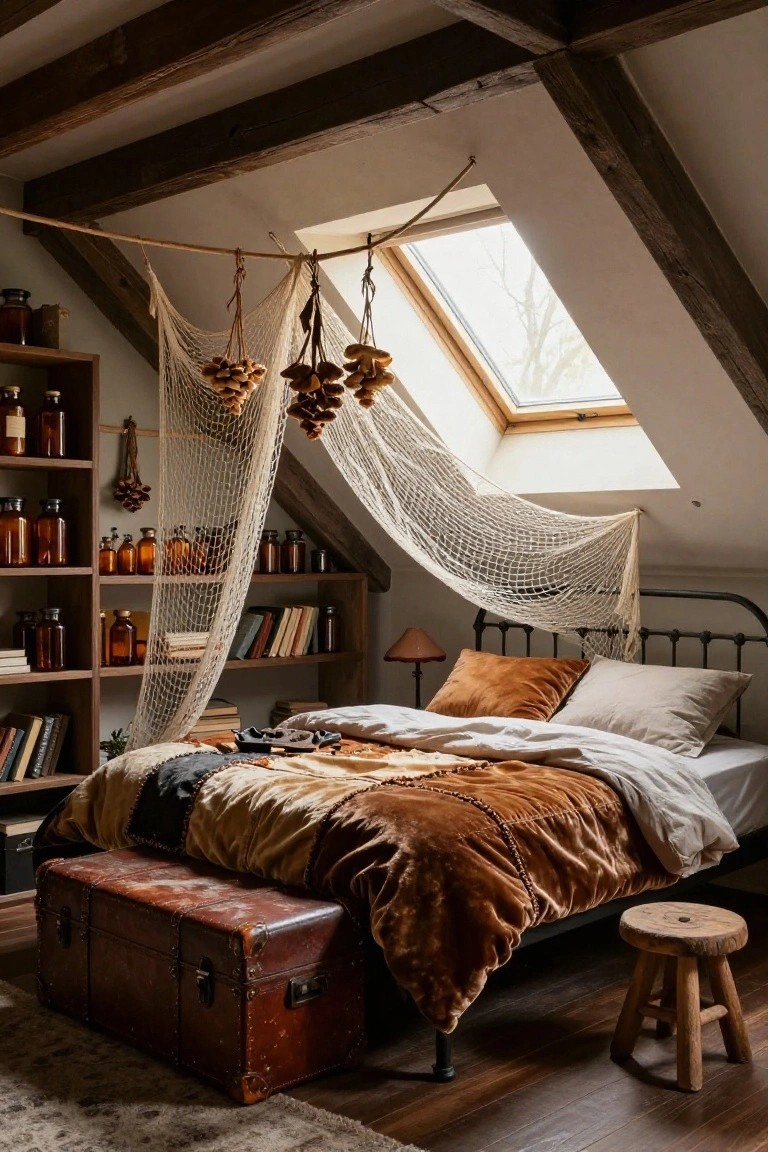 Attic bedroom featuring exposed wooden beams, a draped white fishing net canopy with pinecone clusters over a black metal bed with orange velvet pillows and patchwork quilts, wooden shelves with glass jars and books, a vintage leather trunk, wooden stool, skylight, and neutral wood floor.