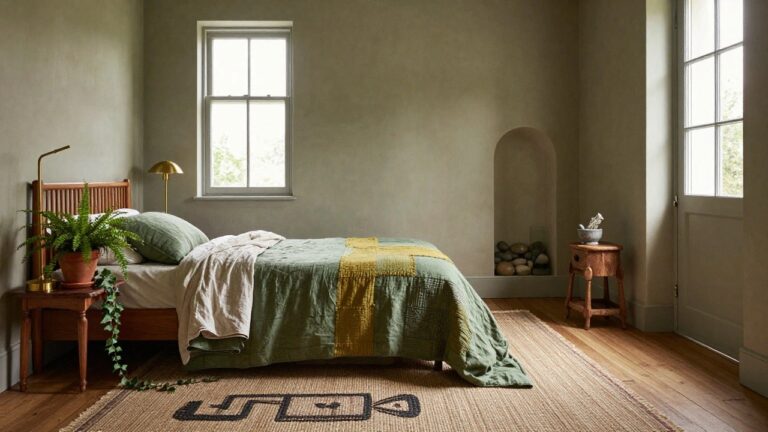 Bedroom corner with green linen-upholstered headboard trimmed in wooden beads, mustard quilt on bed, brass arched lamp, carved wooden side table next to large potted fern with trailing fronds in terracotta pot, arched wall niche holding rocks, beige walls, wooden floor, and window.