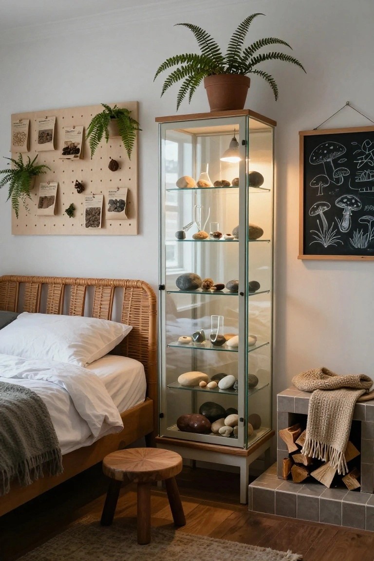 Bedroom corner featuring a tall glass display cabinet filled with rocks, stones, shells, and glass objects, next to a rattan bed with white bedding, plants on a pegboard wall, and a chalkboard with mushroom drawings.