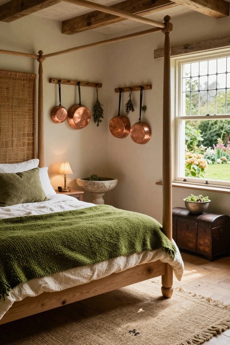 Cozy bedroom with wooden four-poster bed covered in green knit throw, copper pots and herbs hanging from wooden hooks beside rattan headboard, stone basin with plant nearby, and window showing garden view.
