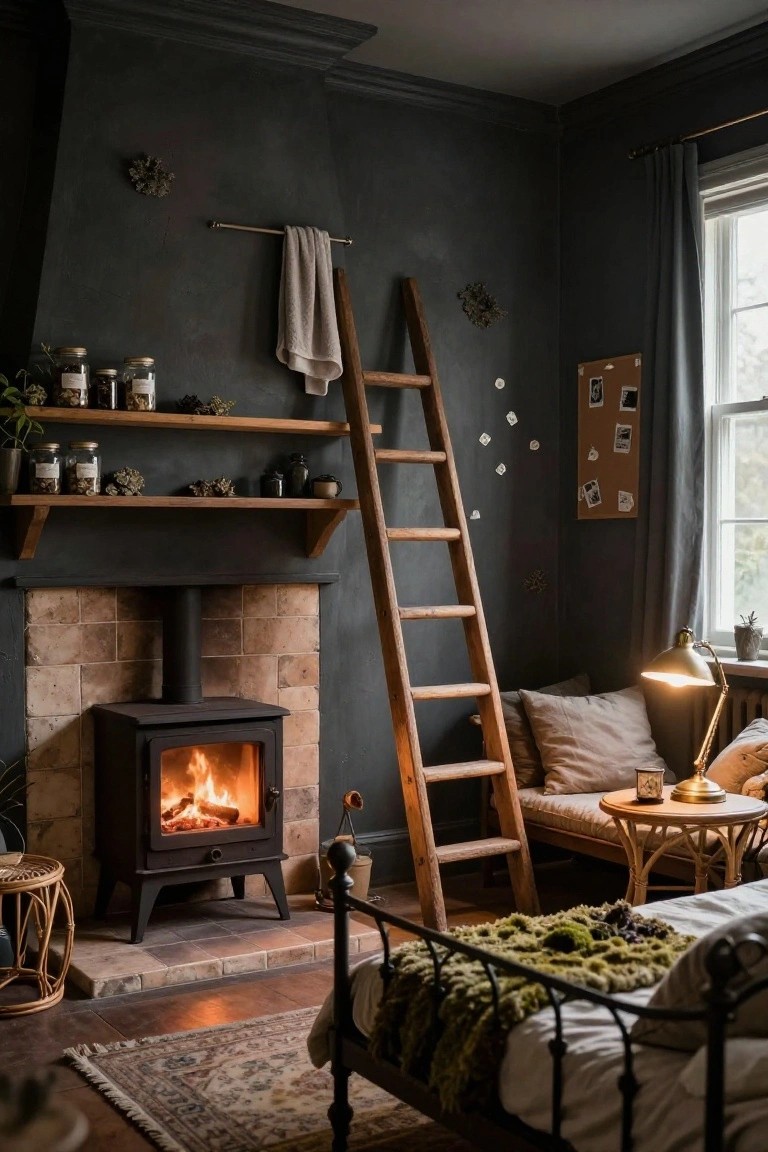 Dark-walled bedroom corner with a leaning wooden ladder, open shelves holding jars and plants, wood-burning stove, bed with green textured blanket, and side table with lamp.
