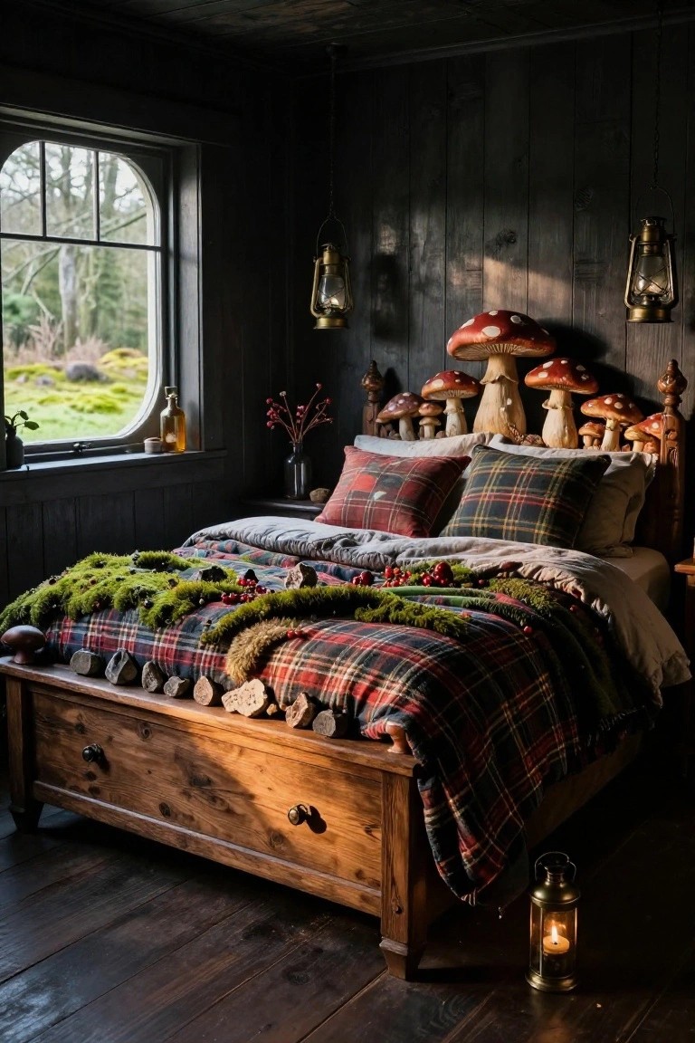 Dark wood paneled bedroom with a sturdy wooden bed featuring large carved mushrooms on the headboard, plaid and moss-covered bedding with berry accents, hanging lanterns, and a window overlooking greenery.