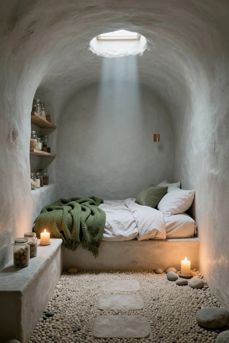Curved plaster-walled bedroom with low platform bed draped in green knit throw and white linens, wooden shelves holding glass jars of shells and nuts, pebble-covered floor with flat stone stepping stones, candles on concrete ledges, skylight in arched ceiling.