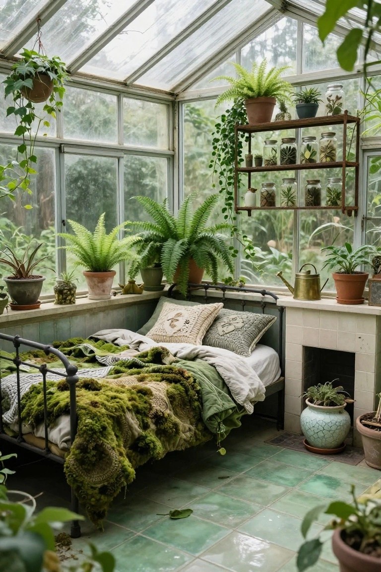 A bedroom in a glass conservatory with numerous potted plants, ferns, and hanging greenery on shelves and windowsills, featuring a vintage metal bed with green textured blankets and pillows on a green-tiled floor near a fireplace.