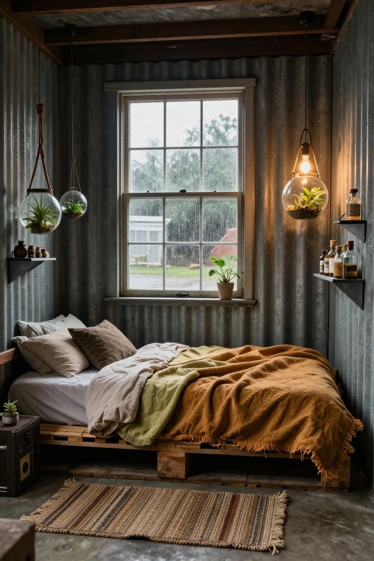 Rustic Bedroom with Hanging Terrariums