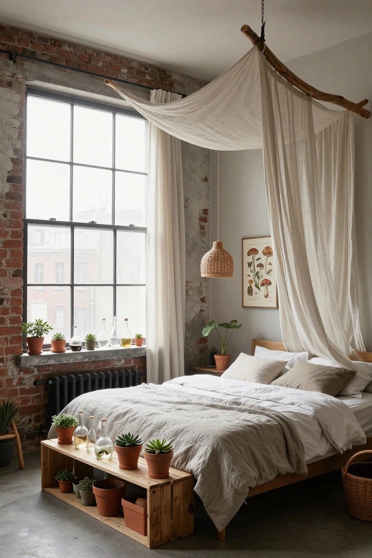 Exposed brick loft bedroom with wooden bed under suspended branch canopy draped in white fabric, potted plants on windowsill and wooden crate shelf beside bed, mushroom illustration on wall, rattan pendant light.
