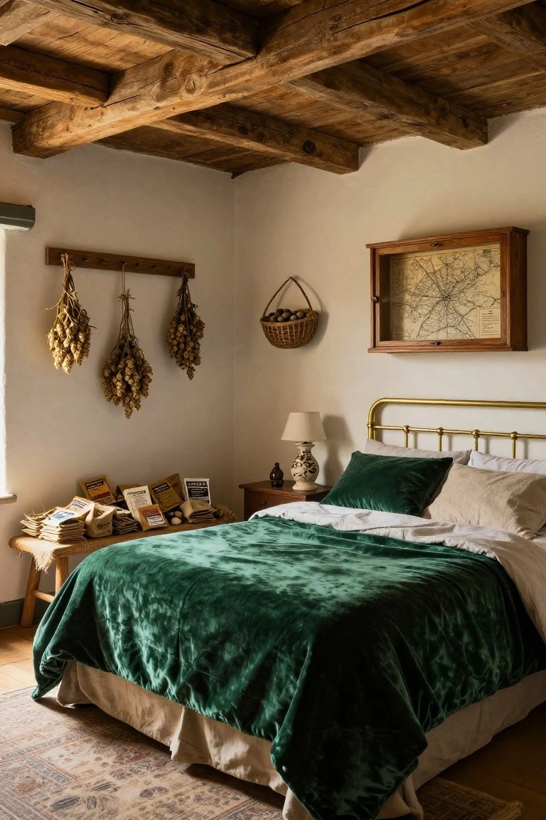 Bedroom interior featuring exposed dark wooden ceiling beams, a brass bed with green velvet duvet and pillows, hanging dried hops on the wall, wooden bench stacked with books, and a bedside lamp.