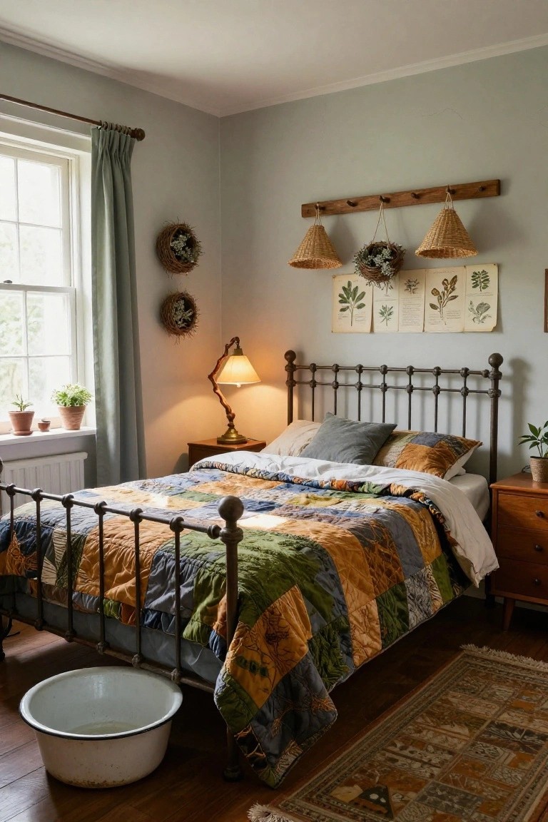 A bedroom interior with a black iron bedframe covered in a colorful patchwork quilt, botanical prints on the wall, rattan pendant lights hanging from a wood rail, plants on the windowsill, and a white enamel basin on the wood floor.
