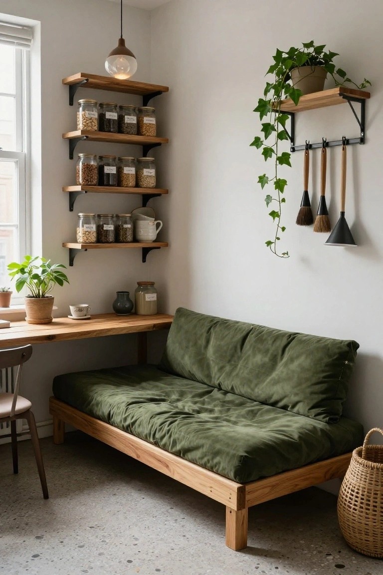 Cozy indoor corner with three floating wooden shelves stocked with labeled glass jars of nuts, grains, seeds, and coffee beans, a potted ivy plant on the top shelf, wooden desk below, green corduroy futon sofa, wooden chair, small potted plants, and hanging utensils nearby.
