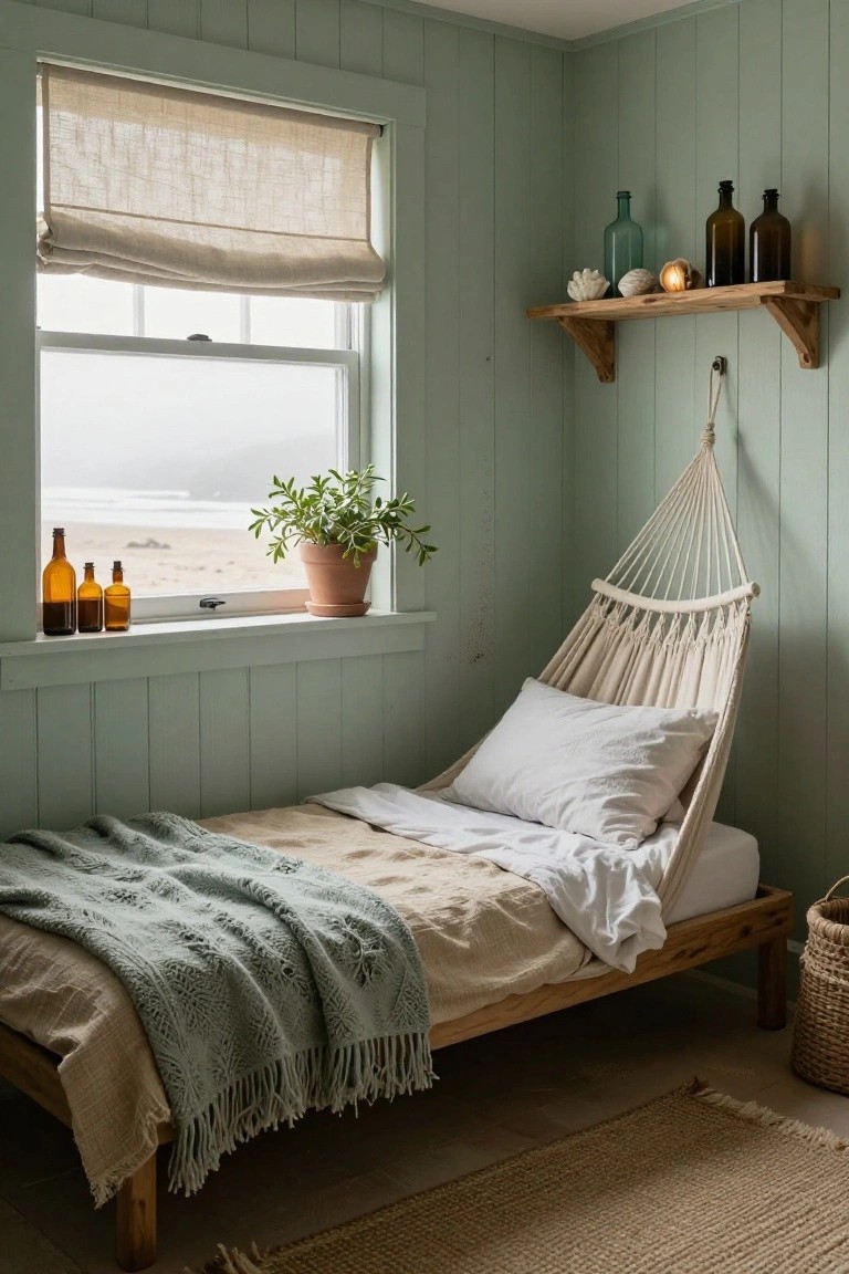 Sage green paneled bedroom with wooden shelves displaying green and brown glass bottles, shells, and a lit candle, a white hammock chair, potted plant near window showing beach view, low wooden bed with white linens and green knit throw, woven baskets on floor.