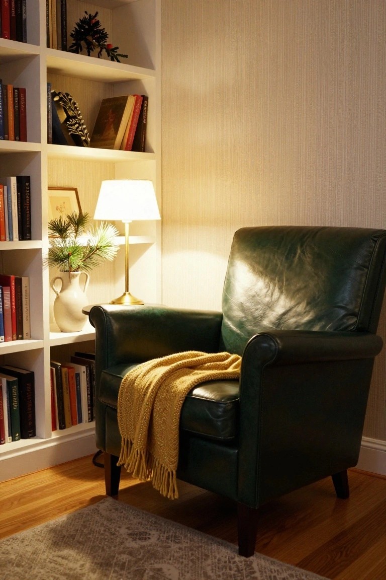 Green leather armchair with yellow knit throw draped over it in a corner bookshelves setup, next to a white ceramic vase holding pine branches beside a brass-based lamp on a wood floor with rug.