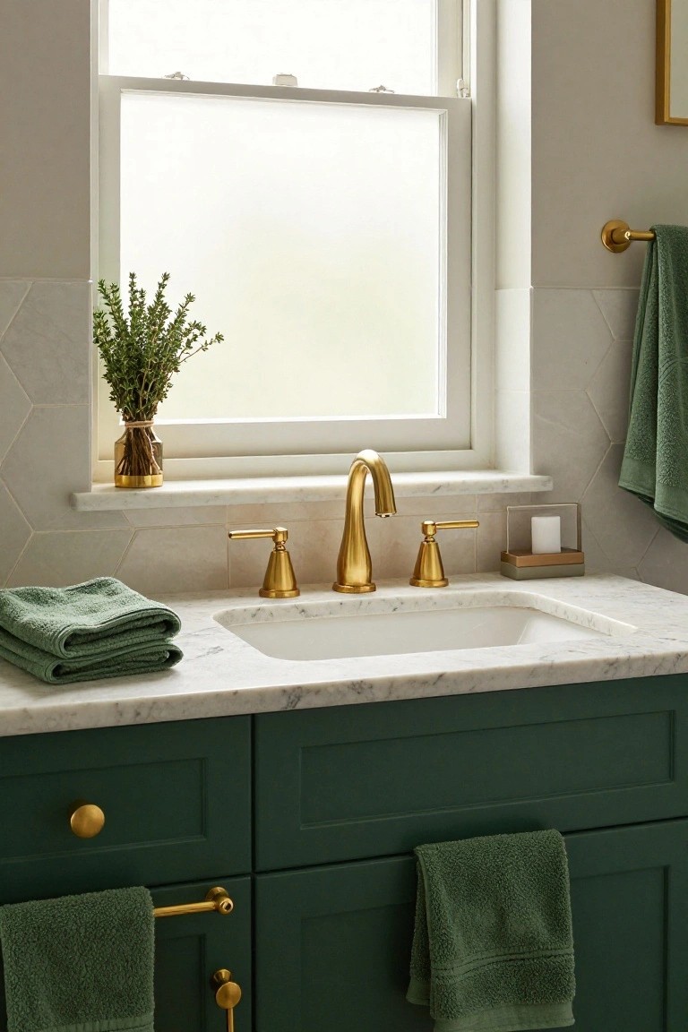 Bathroom vanity with deep green lower cabinets, white marble countertop and undermount sink, gold-tone faucet and hardware pulls, stacked green towels on counter, hanging green towels, and potted herb bundle on windowsill.