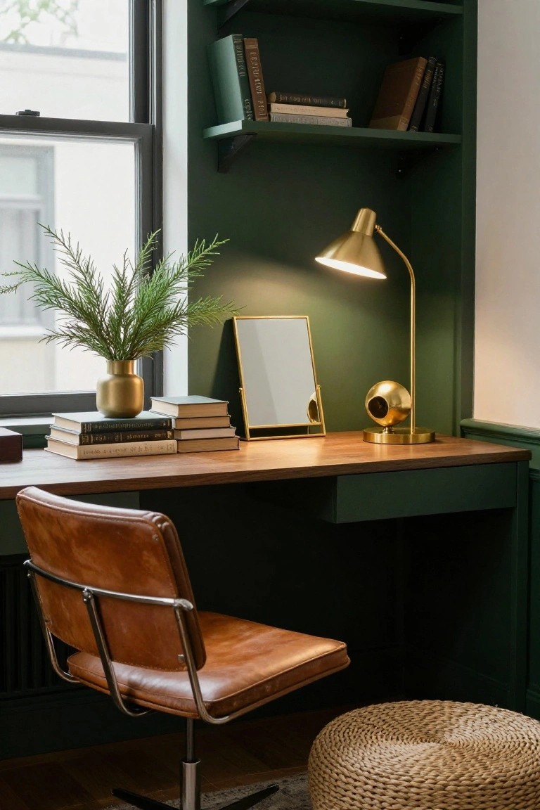 Home office featuring deep green painted built-in shelves and desk with wood top, gold desk lamp, gold vase holding green foliage, gold-framed mirror, stacked books, leather desk chair, woven footstool, and window.