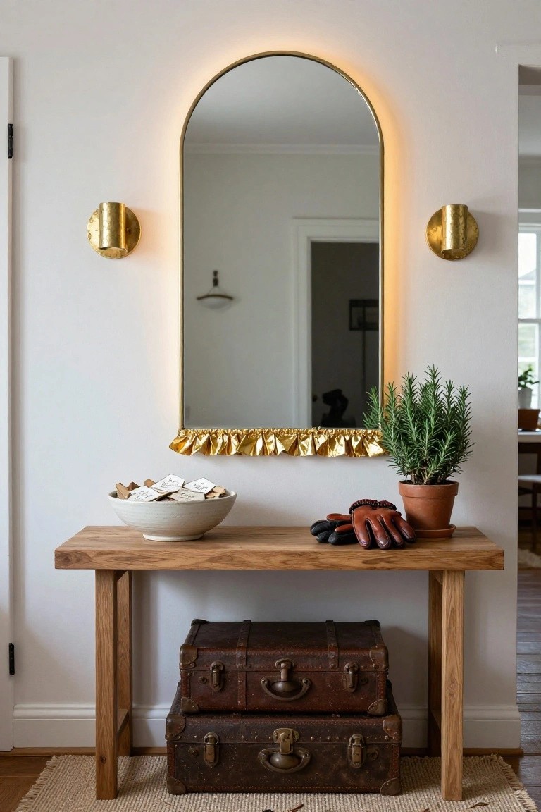 White entryway with wooden console table holding white bowl of tags and shells, leather gloves, potted rosemary plant, and two stacked brown leather suitcases, arched gold-framed mirror above with gold ruffle trim and matching sconces on white walls.