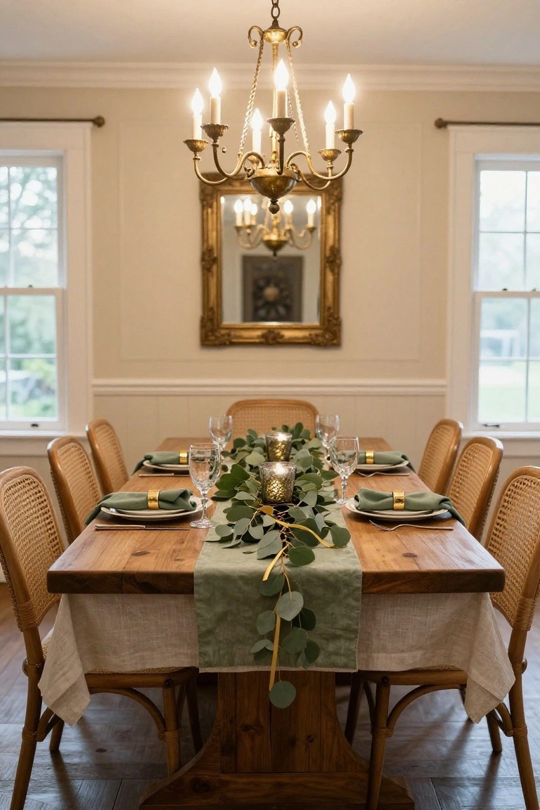 Wooden dining table in a beige room set with green eucalyptus garland runner, gold napkin rings, wine glasses, plates, rattan chairs, gold chandelier overhead, and windows on side walls.