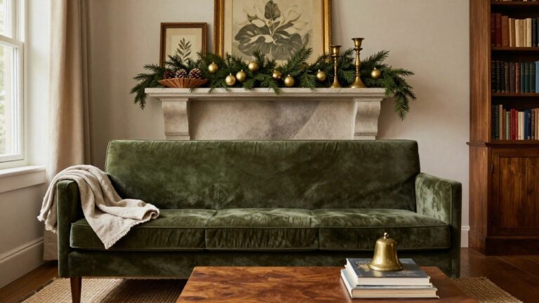 Living room with green velvet sofa, wooden coffee table holding books pinecones and brass bell, stone mantel decorated with pine garland gold ornaments pinecones and brass candlesticks, beige throw blanket on sofa.