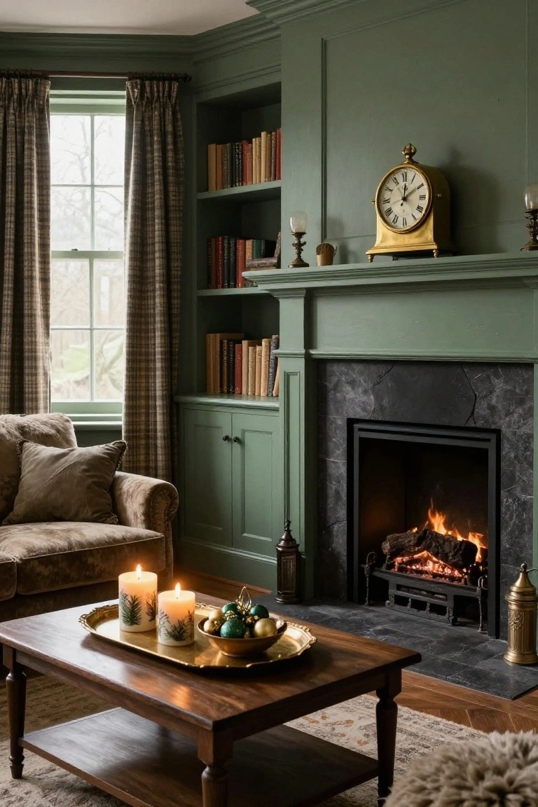 Sage green paneled living room with bookshelves, lit black fireplace, beige armchair, wooden coffee table holding brass tray with lit pine-patterned candles and gold baubles.