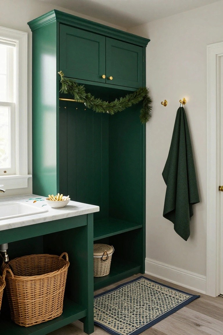 Tall emerald green painted cabinet with upper doors and open lower shelves in a mudroom, draped with evergreen garland, gold hardware, beside white sink countertop with wicker baskets, green towel on wall hooks, beige walls, wood floor.
