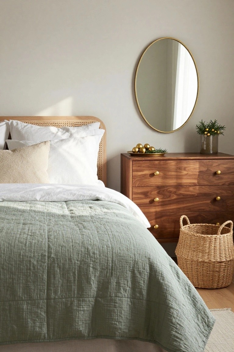 Bedroom interior featuring a bed with rattan headboard and green quilt, beside a wooden dresser topped with gold ornaments, evergreen sprigs on a tray, and a glass vase, with a gold-framed oval mirror on the wall.