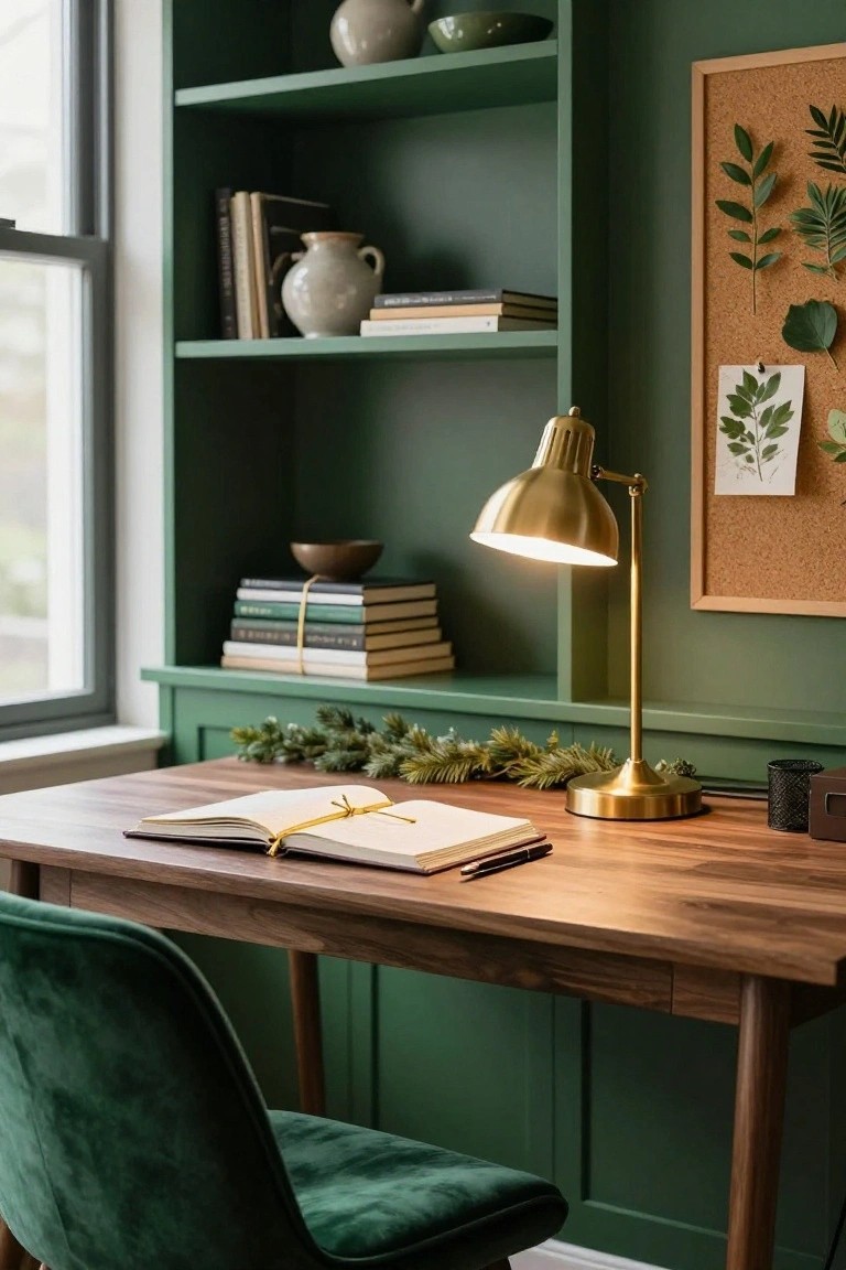 A walnut desk with an open journal sits in front of deep green built-in shelves stocked with books, pottery, and a wooden bowl, illuminated by a gold adjustable lamp, with a green velvet chair, corkboard displaying dried leaves and plants, evergreen garland along the woodwork, and a window nearby.