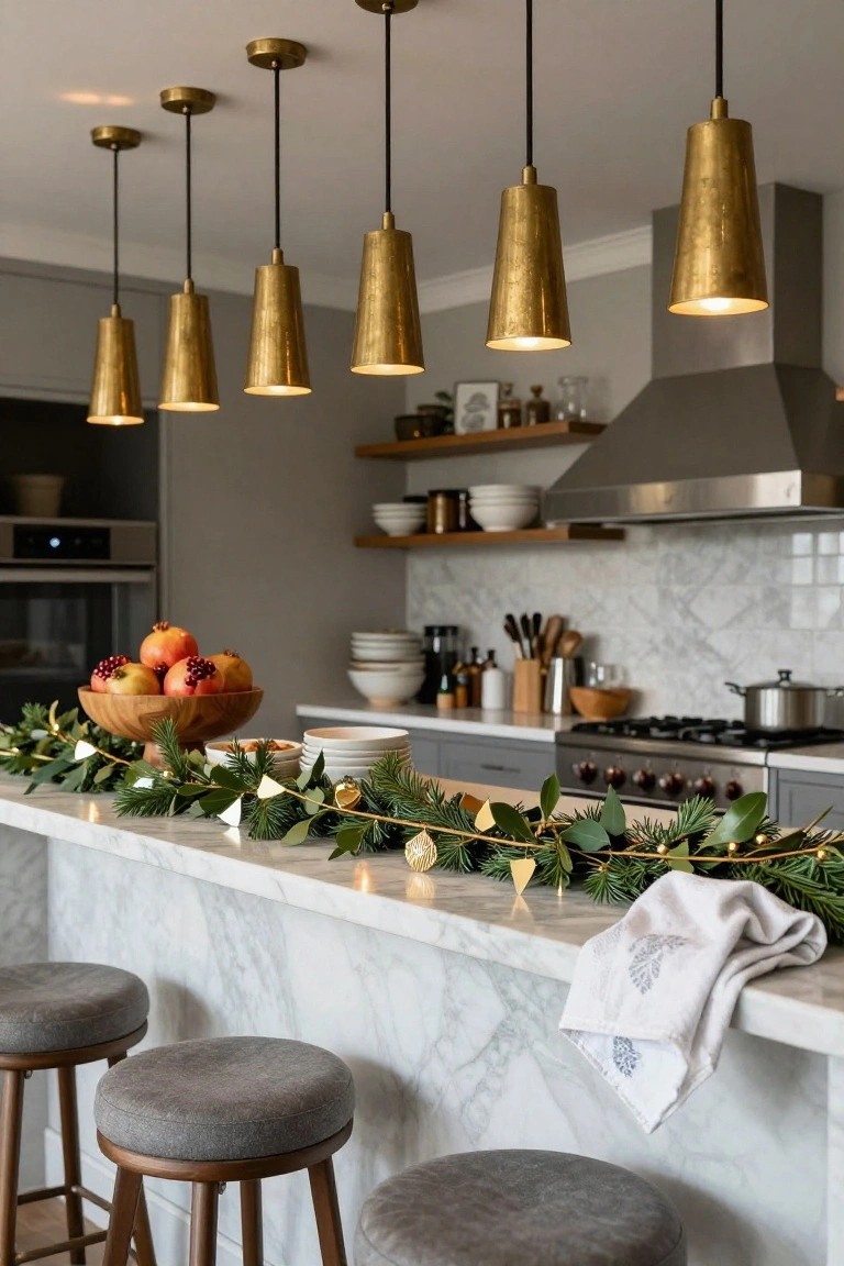 Green Garland Runner on the Kitchen Island
