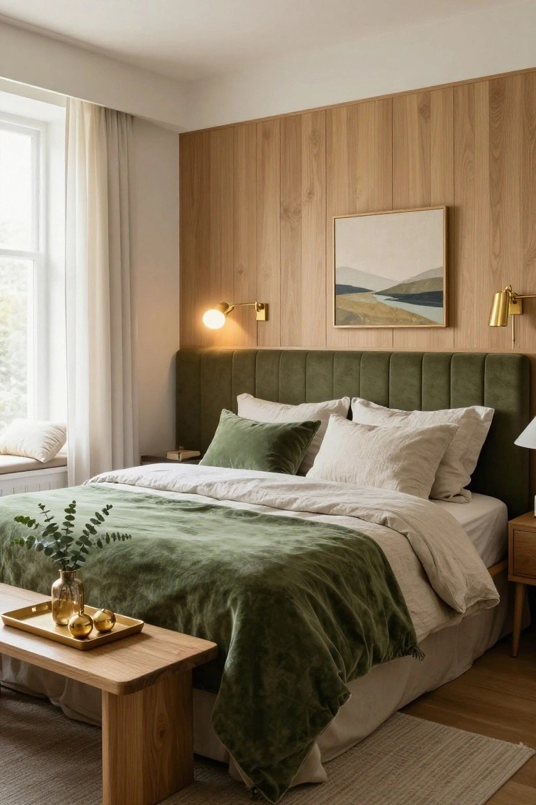 Bedroom featuring green velvet tufted headboard against oak wood paneled wall, layered white and green bedding, gold wall sconces, wooden bench with gold tray holding glass vase of eucalyptus and gold ornaments, and bedside table.