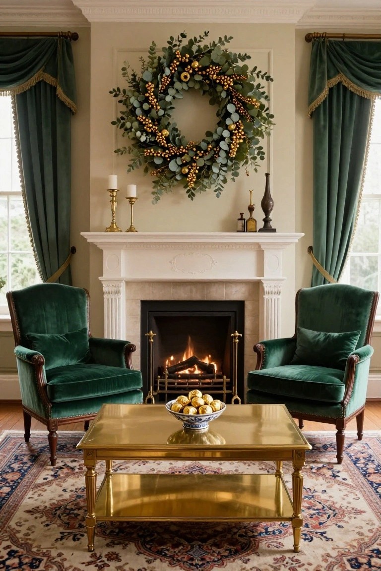 Living room interior featuring two green velvet armchairs flanking a brass coffee table in front of a lit fireplace, with a large eucalyptus and gold berry wreath above the mantel, green curtains on windows, candlesticks, and a patterned rug on the floor.