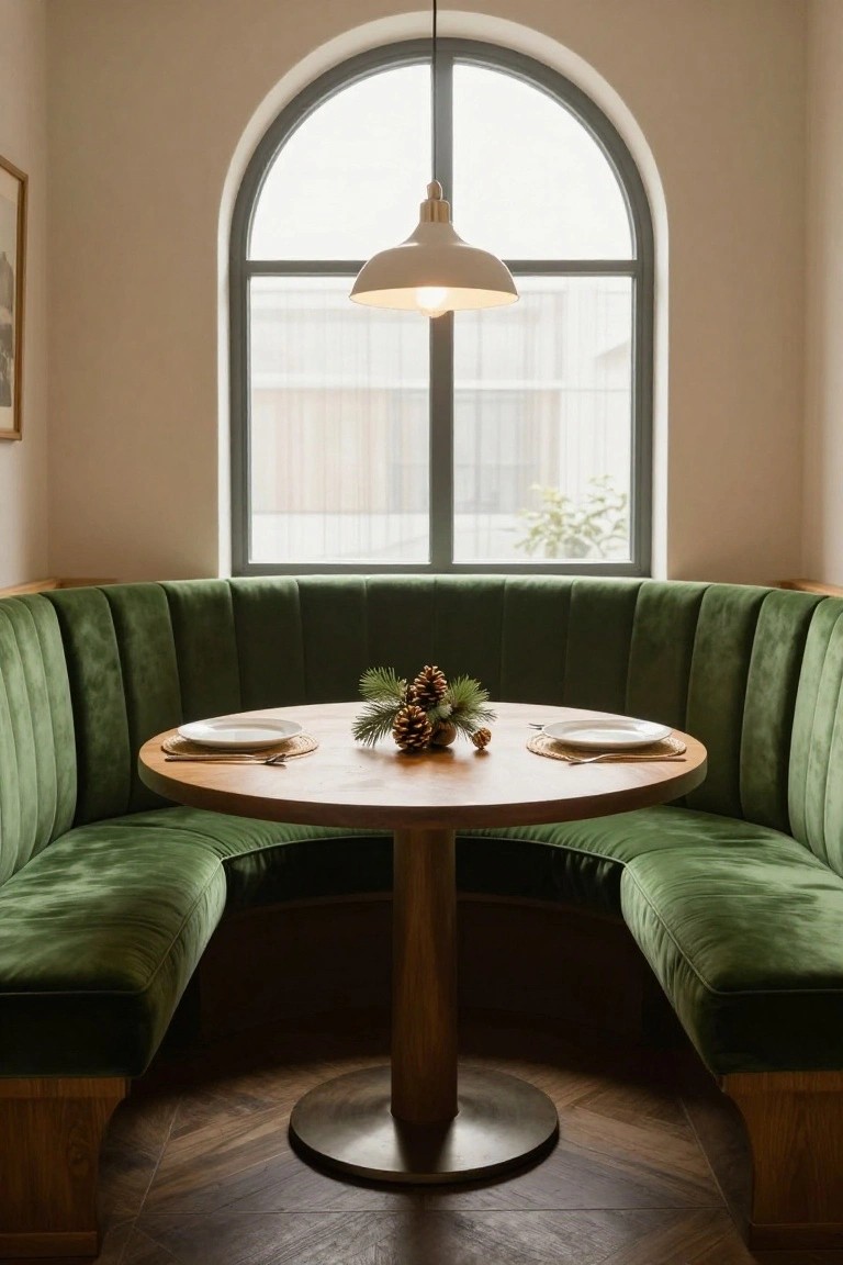 Curved emerald green velvet tufted booth surrounding a round wooden table set with two plates, utensils, woven placemats, and a pinecone centerpiece, in a light-filled room with arched window and pendant light over herringbone wood floor.