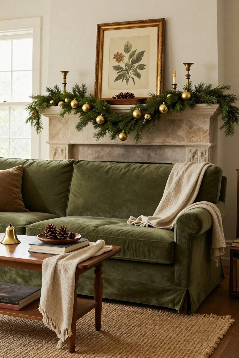 Living room with green velvet sofa, wooden coffee table holding books pinecones and brass bell, stone mantel decorated with pine garland gold ornaments pinecones and brass candlesticks, beige throw blanket on sofa.