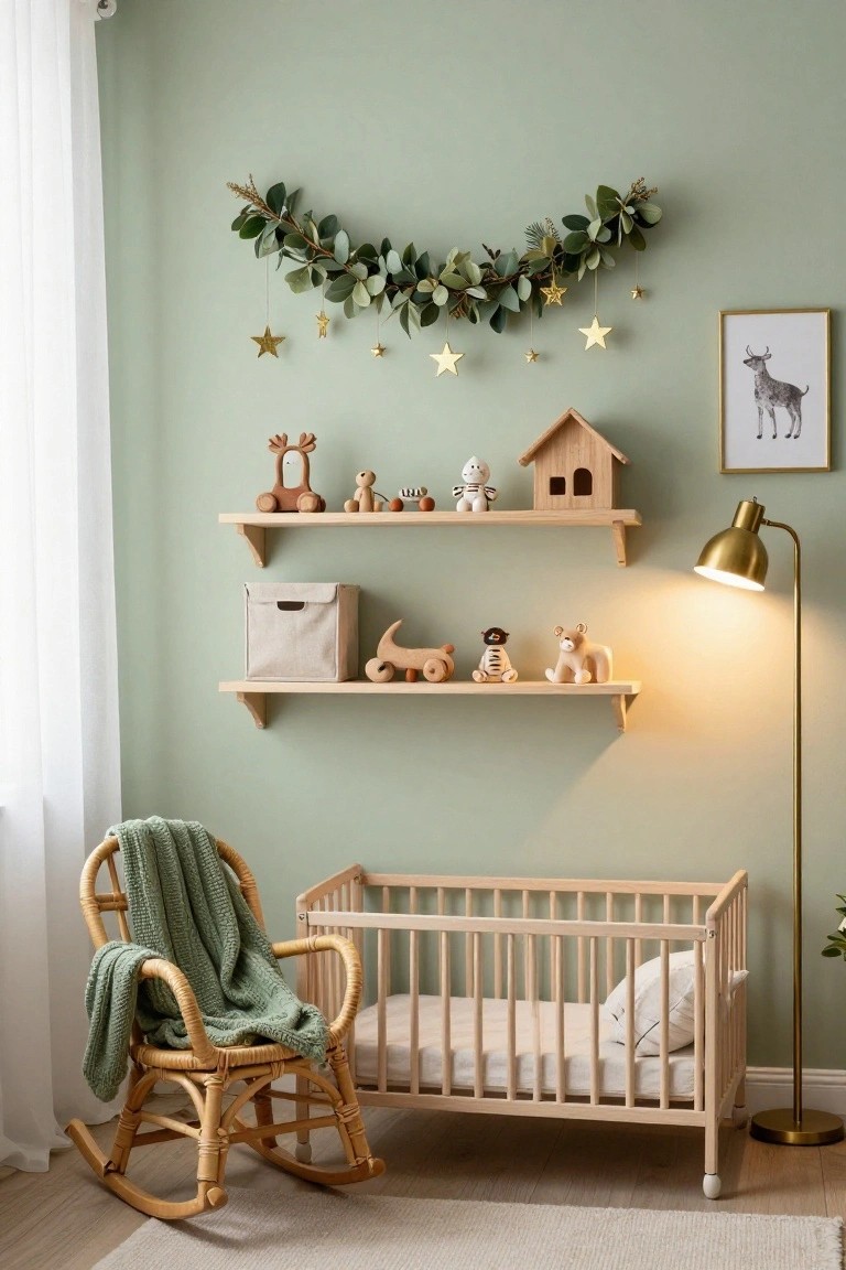 Sage green nursery room with wooden floating shelves holding toys and a house, eucalyptus garland with gold stars on the wall, wooden crib, rattan rocking chair with green blanket, and gold arc lamp.
