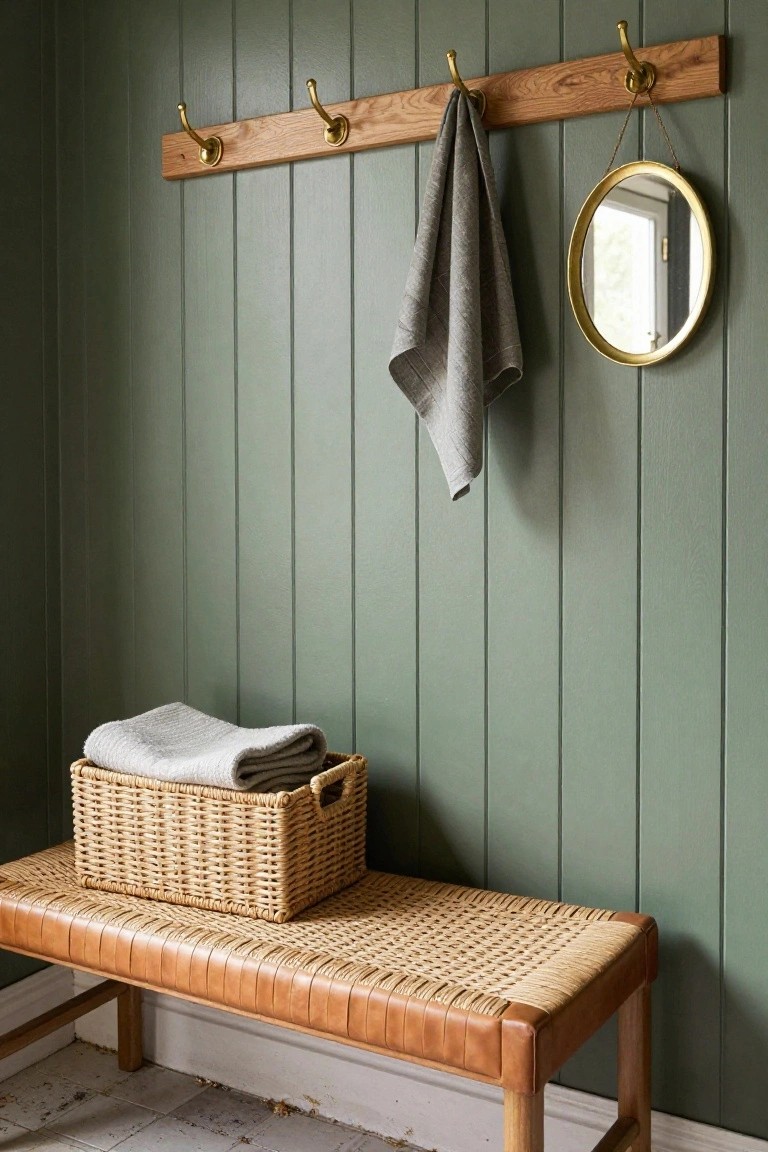 Sage green vertical paneled wall in an entryway with oak rail holding four brass coat hooks, one with gray towel draped over it, round brass mirror nearby, wicker basket with folded white towels on tan leather-trimmed rattan bench with wood legs and frame.