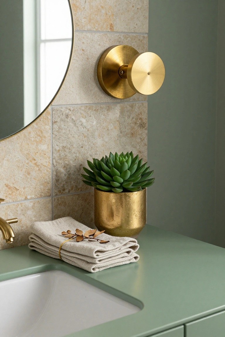 Bathroom vanity with sage green countertop and cabinets, white undermount sink, gold faucet, gold wall sconce beside round mirror on beige subway tile wall, gold pot holding succulent plant, and stacked beige towels tied with twine.