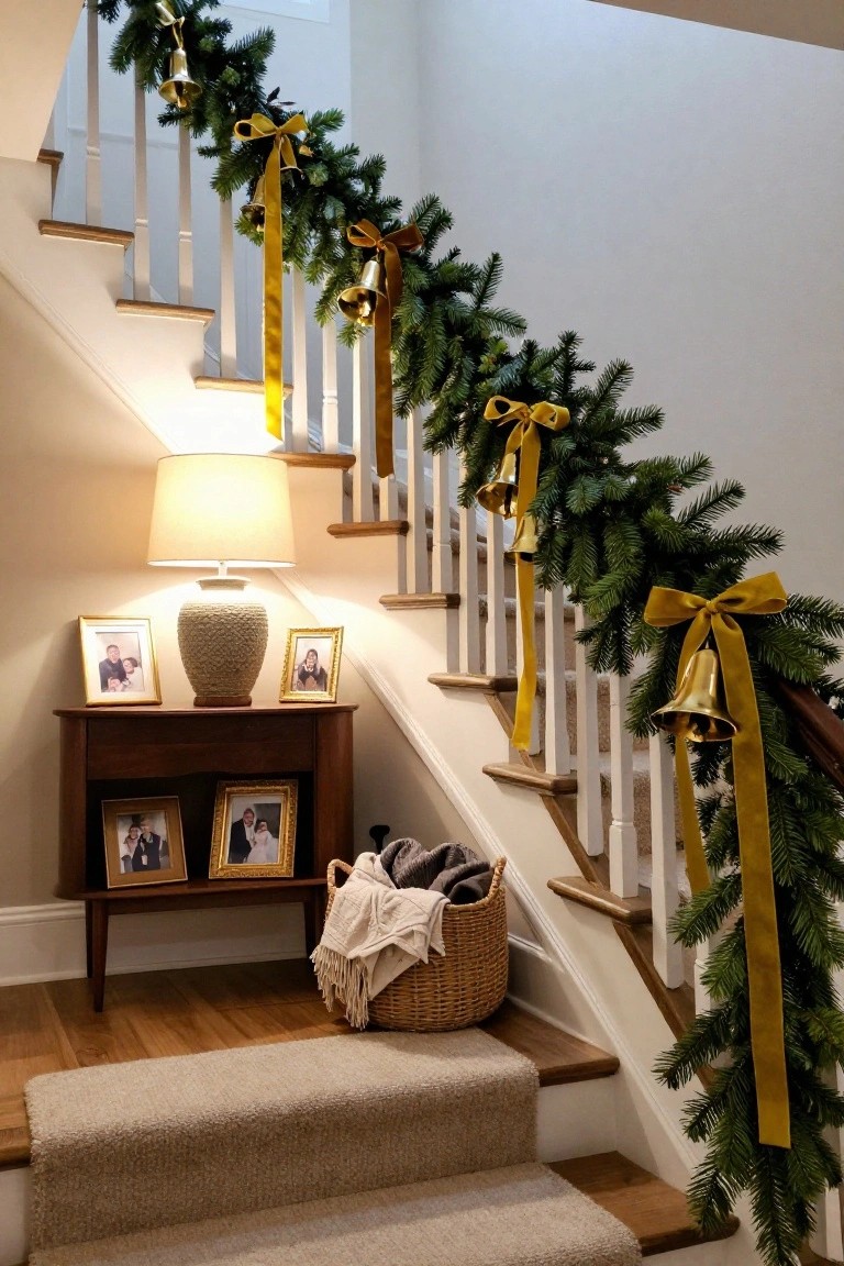 Wooden staircase with white risers and green garland wrapped around the railing, accented by yellow-gold ribbons and bells, beside a wood console table holding framed photos, a ceramic lamp, and a wicker basket with blankets.