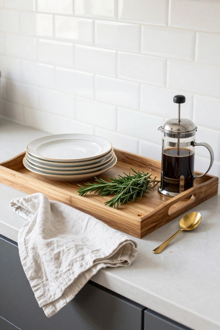 Wooden tray on kitchen counter holding stacked white plates with gold rims, fresh rosemary sprigs, glass French press filled with coffee, gold spoon nearby, linen towel draped over cabinet edge, white subway tile backsplash, gray lower cabinets.