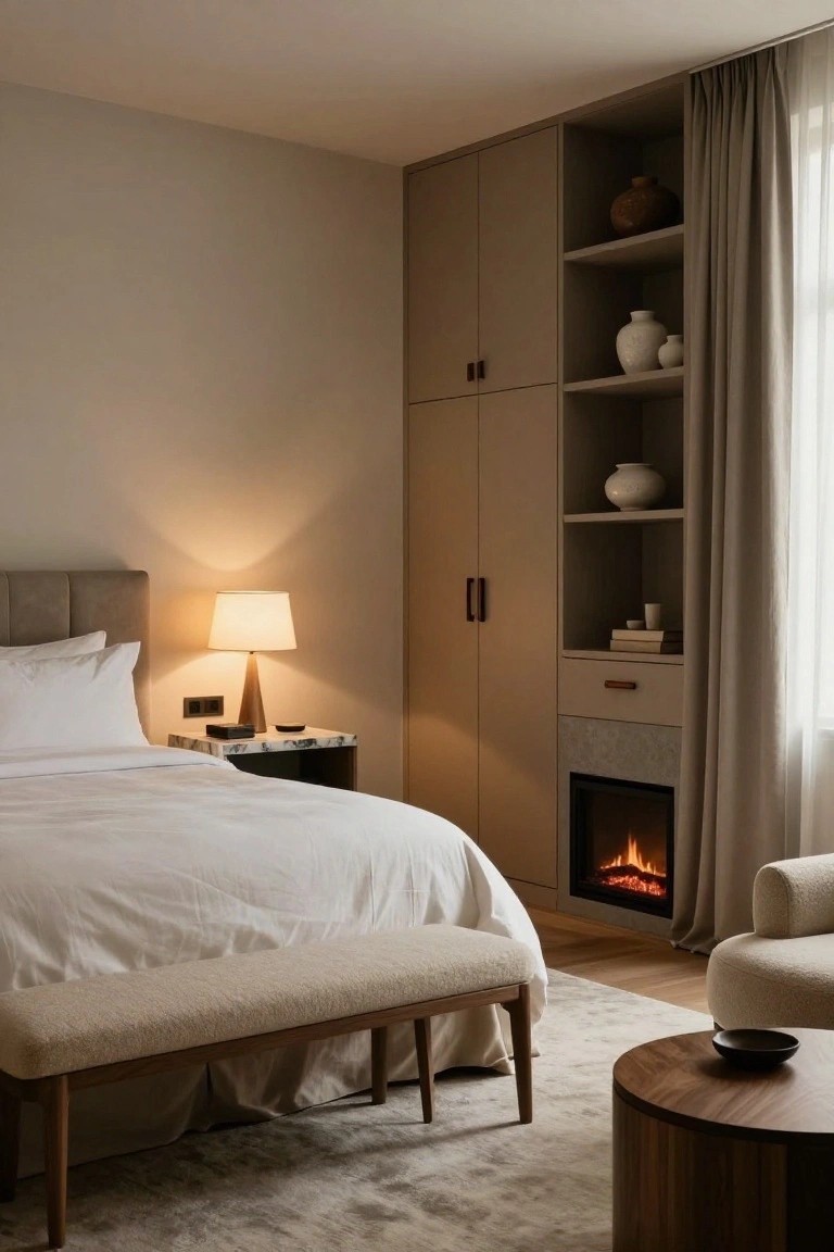 A neutral-toned bedroom with a white king bed, beige headboard and bench, bedside table with lamp, tall beige built-in wardrobe featuring shelves, drawers and integrated electric fireplace, round wooden side table, and light rug on wood floor.