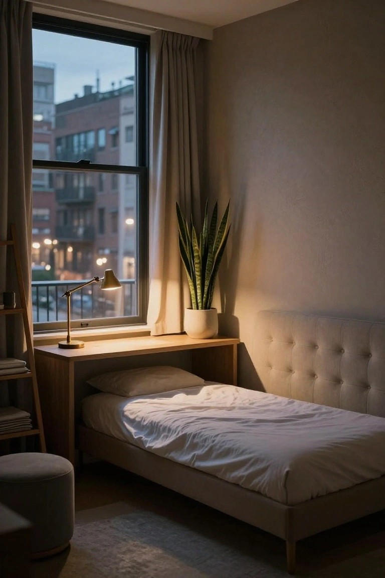 Small bedroom corner with wooden desk and adjustable lamp next to tufted bed, large window showing city night view, snake plant in white pot, neutral walls and floor.