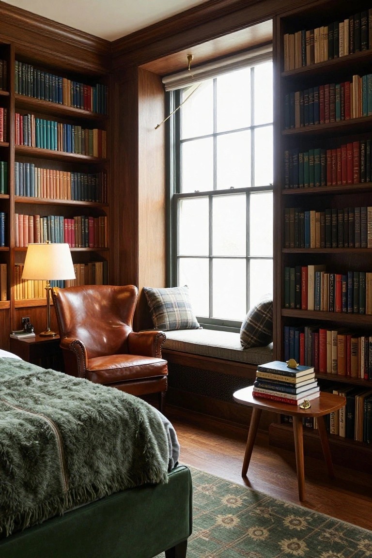 Wood-paneled bedroom corner with floor-to-ceiling bookshelves filled with colorful books, tan leather wingback chair next to a lamp, plaid pillows on a window seat, small round side table with stacked books, and green velvet bed in foreground.