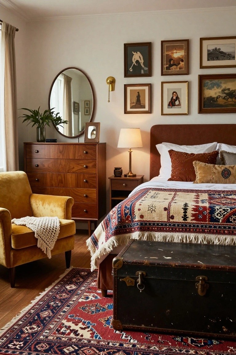 Bedroom interior with wood floors covered partially by a large red, blue, and cream Persian rug, wooden mid-century dresser, mustard velvet armchair with knitted throw, terracotta upholstered bed with white duvet and patterned throw, bedside table with lamp, vintage trunk, round mirror, potted plant, and eclectic framed artwork on white walls.