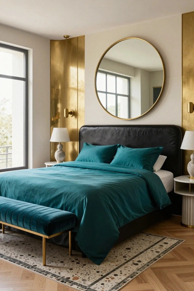Bedroom interior with black leather upholstered headboard and teal satin duvet and pillows, large gold-framed round mirror on wall, gold panels, teal velvet bench at bed foot, two white table lamps with ceramic bases, terrazzo-patterned rug on wood floor, and window with view.