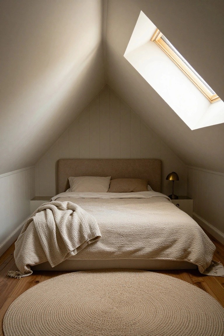 Attic bedroom with sloped white ceilings, a beige upholstered bed dressed in neutral linens and a cream throw, gold bedside lamp on a low table, round seagrass rug on wood floors, and a skylight.