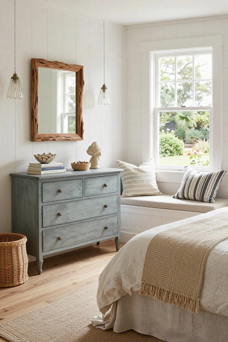 Bedroom corner with white shiplap walls, blue-gray wood dresser topped with books and sculptures, driftwood-framed mirror, cushioned window seat with striped and neutral pillows, wicker basket on floor, and bed with beige linens visible nearby, large window showing garden outside.