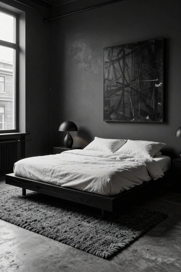 Black and white photo of a minimalist bedroom with dark textured walls, a low black platform bed draped in white linens, black bedside lamps, an abstract black line drawing on the wall, a wool rug, and a concrete floor with radiator.