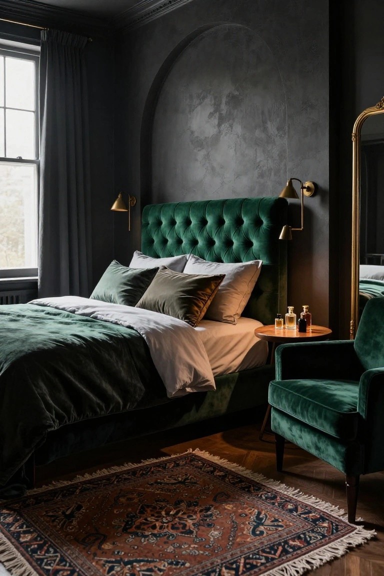 A bedroom interior with dark textured walls, an emerald green tufted velvet headboard, brass wall sconces, layered green and white bedding, a green velvet armchair, small side table with perfume bottles, gold mirror, and Persian rug on wood floors.