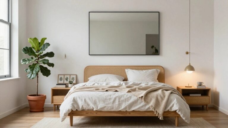 22 Grown Woman Bedroom Ideas Bedroom corner showing a wooden platform bed with rattan headboard, white pillows and beige throw on bed, nightstand with mug books and lamp, large fiddle leaf fig in terracotta pot, arched black mirror on white wall, wooden shelves with art prints, and parquet flooring with rug.
