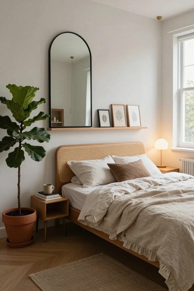 Bedroom corner showing a wooden platform bed with rattan headboard, white pillows and beige throw on bed, nightstand with mug books and lamp, large fiddle leaf fig in terracotta pot, arched black mirror on white wall, wooden shelves with art prints, and parquet flooring with rug.